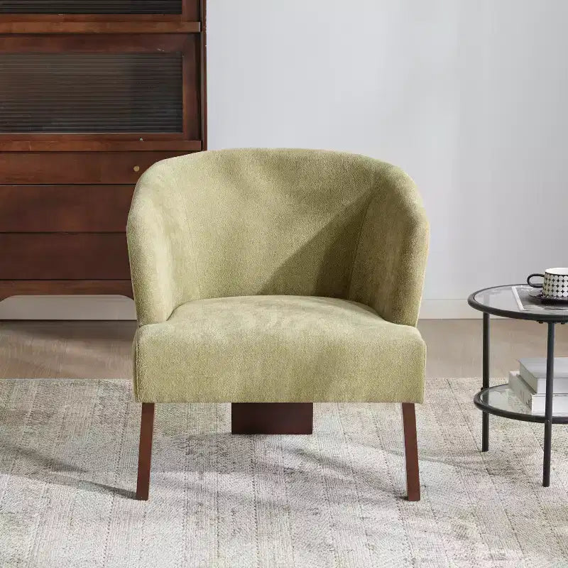 Fauteuil d'appoint moderne avec dossier rond et pieds en bois, revêtement en tissu doux, pour salon ou bureau