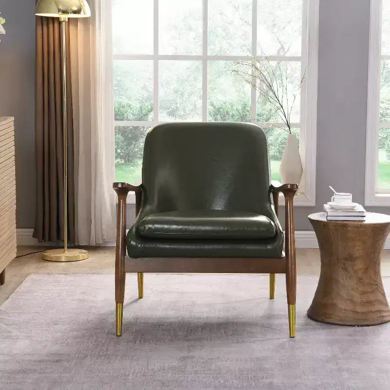 29.2-Inch Mid-Century Faux Leather Accent Chair with Brass-Tipped Legs, for Living Room or Office