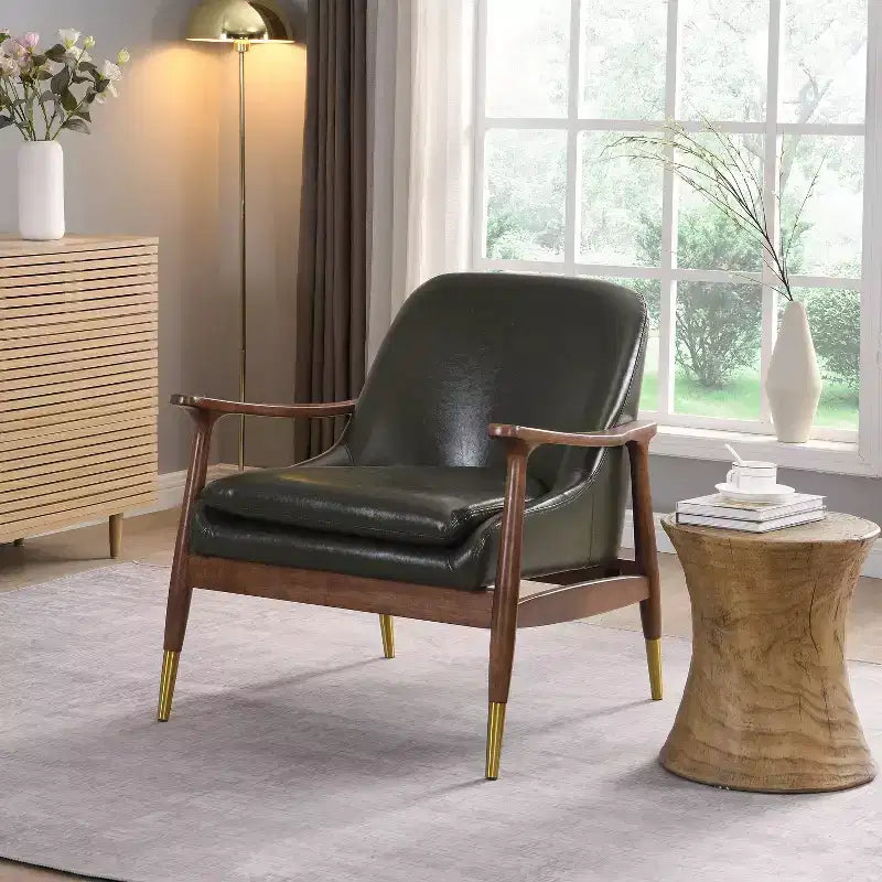 Fauteuil d'appoint style Mid-Century en similicuir de 74,2 cm avec pieds en laiton, pour salon ou bureau