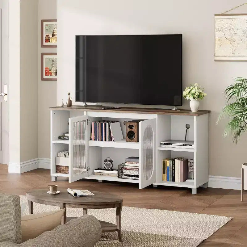 Meuble TV rustique de 70 po – Centre de divertissement avec portes d'armoire en verre ondulé et étagères ouvertes, console multimédia pour salon (blanc et brun foncé)