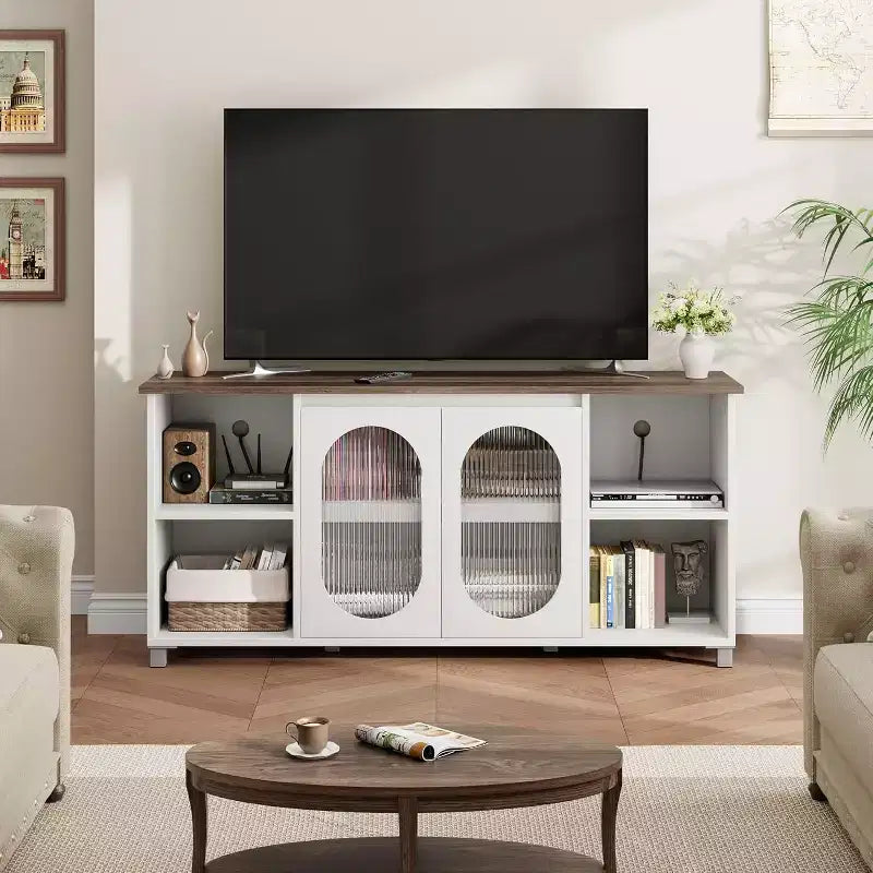 Meuble TV rustique de 70 po – Centre de divertissement avec portes d'armoire en verre ondulé et étagères ouvertes, console multimédia pour salon (blanc et brun foncé)