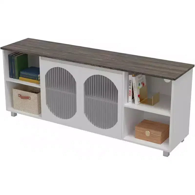 Meuble TV rustique de 70 po – Centre de divertissement avec portes d'armoire en verre ondulé et étagères ouvertes, console multimédia pour salon (blanc et brun foncé)