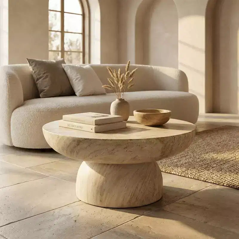 Table basse ronde en fibrestone avec piètement, table d'appoint pour usage intérieur ou extérieur, design sculpté avec patins antidérapants