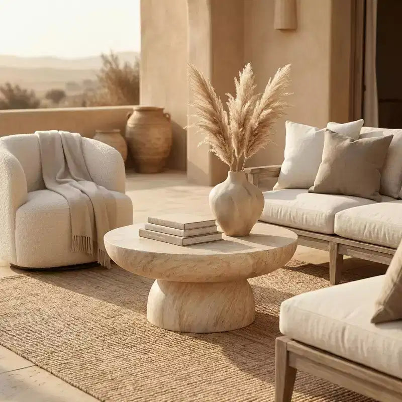 Table basse ronde en fibrestone avec piètement, table d'appoint pour usage intérieur ou extérieur, design sculpté avec patins antidérapants