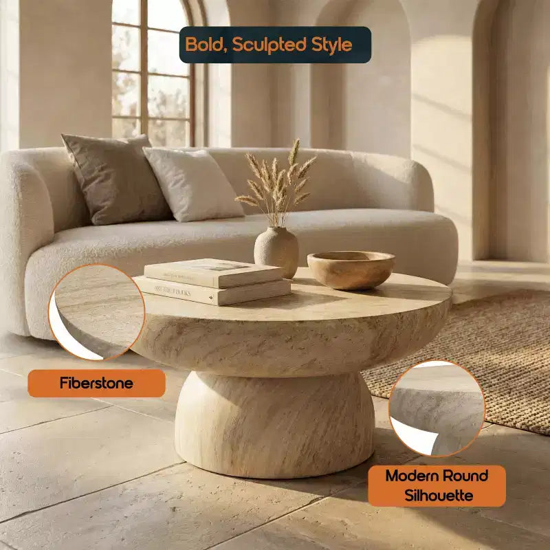 Table basse ronde en fibrestone avec piètement, table d'appoint pour usage intérieur ou extérieur, design sculpté avec patins antidérapants