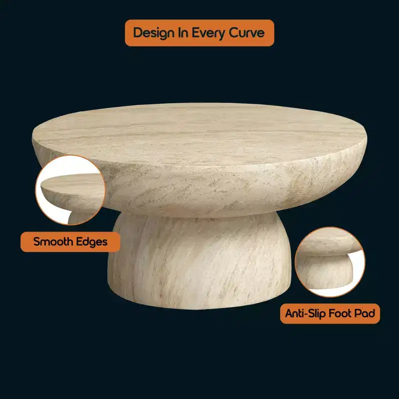 Table basse ronde en fibrestone avec piètement, table d'appoint pour usage intérieur ou extérieur, design sculpté avec patins antidérapants