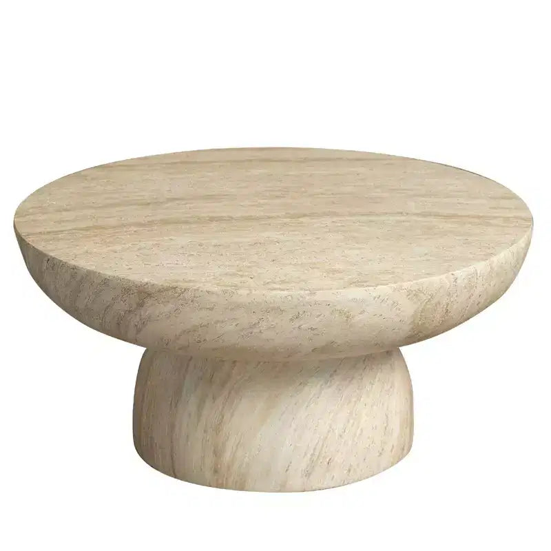 Table basse ronde en fibrestone avec piètement, table d'appoint pour usage intérieur ou extérieur, design sculpté avec patins antidérapants