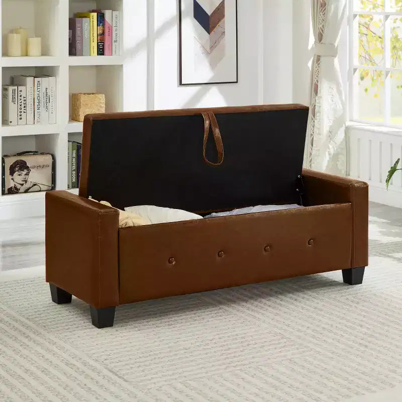 Banc de rangement moderne 48 pouces en cuir PU avec plateau à charnière, banc d'entrée avec rangement pour salon, chambre ou entrée