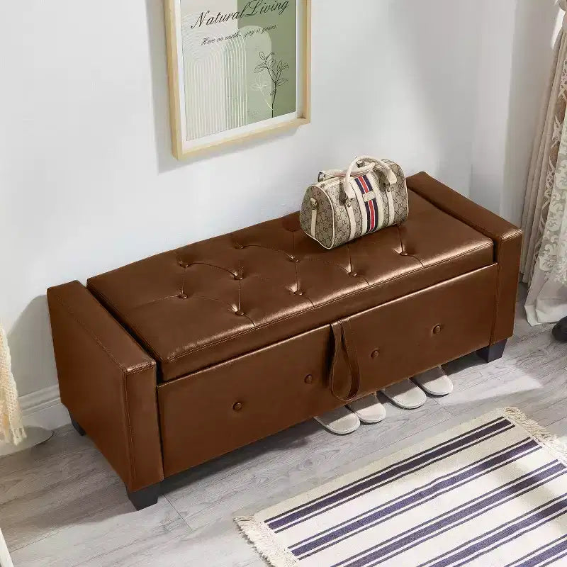 Banc de rangement moderne 48 pouces en cuir PU avec plateau à charnière, banc d'entrée avec rangement pour salon, chambre ou entrée