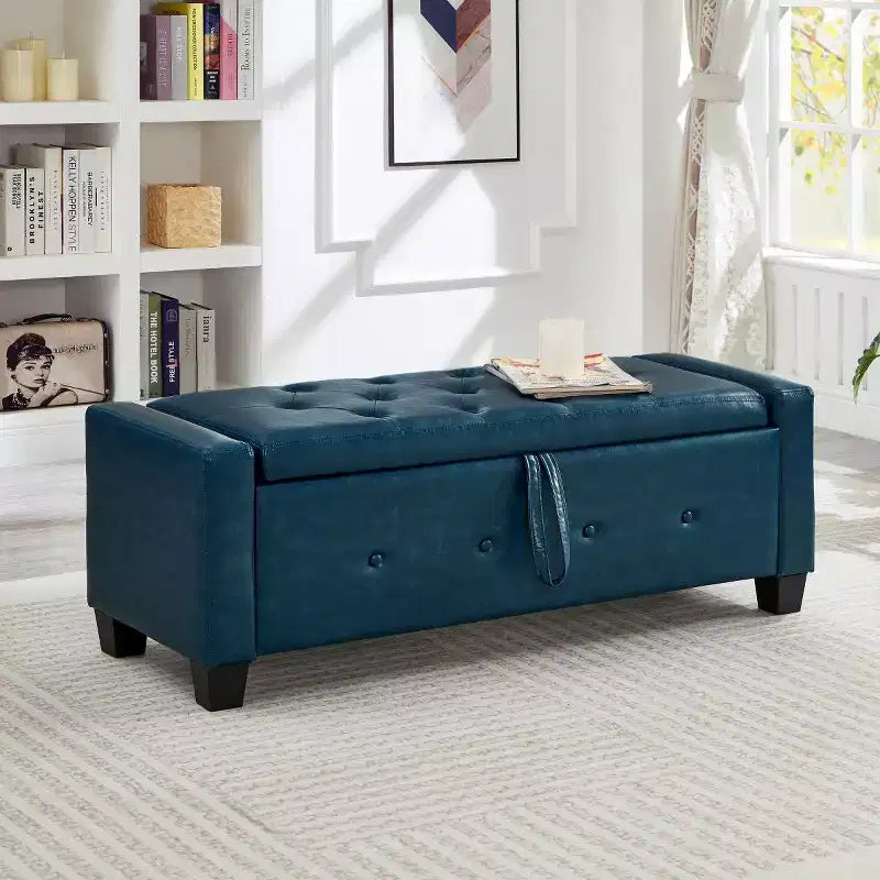 Banc de rangement moderne 48 pouces en cuir PU avec plateau à charnière, banc d'entrée avec rangement pour salon, chambre ou entrée
