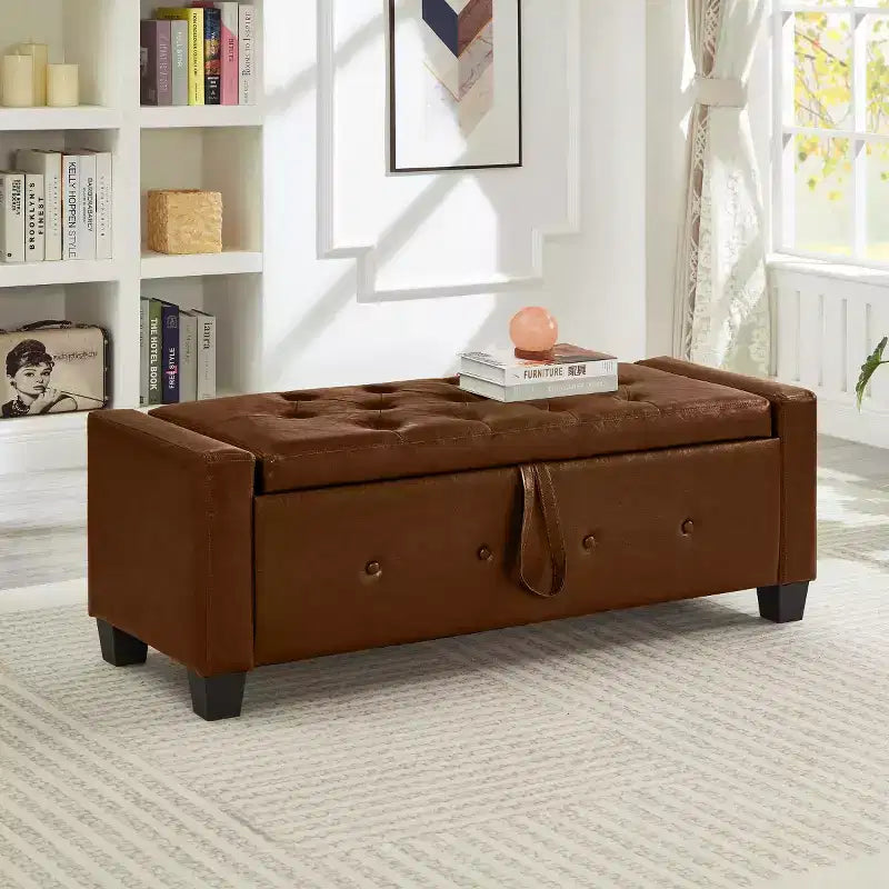 Banc de rangement moderne 48 pouces en cuir PU avec plateau à charnière, banc d'entrée avec rangement pour salon, chambre ou entrée