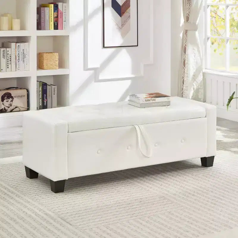 Banc de rangement moderne 48 pouces en cuir PU avec plateau à charnière, banc d'entrée avec rangement pour salon, chambre ou entrée