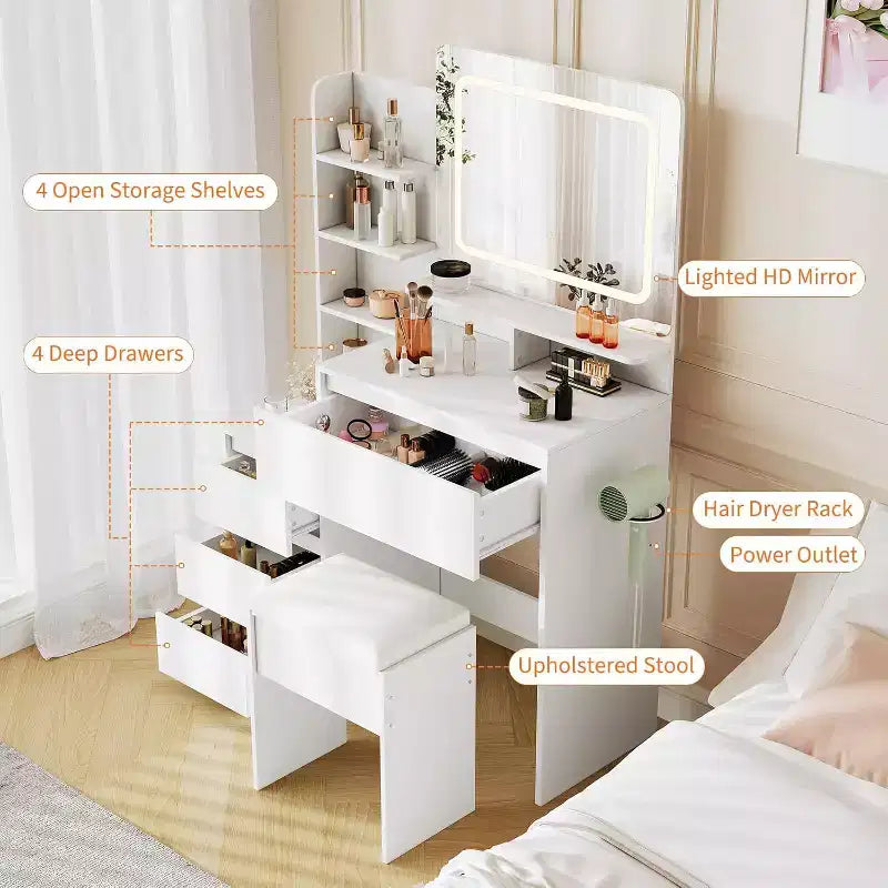 Coiffeuse moderne avec miroir LED et éclairage réglable, table de maquillage de 91,4 cm avec 4 tiroirs, étagères de rangement, prise de courant, ports USB, pour chambre à coucher