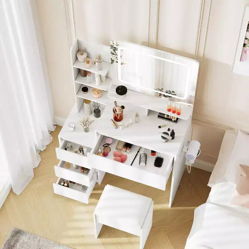 Coiffeuse moderne avec miroir LED et éclairage réglable, table de maquillage de 91,4 cm avec 4 tiroirs, étagères de rangement, prise de courant, ports USB, pour chambre à coucher