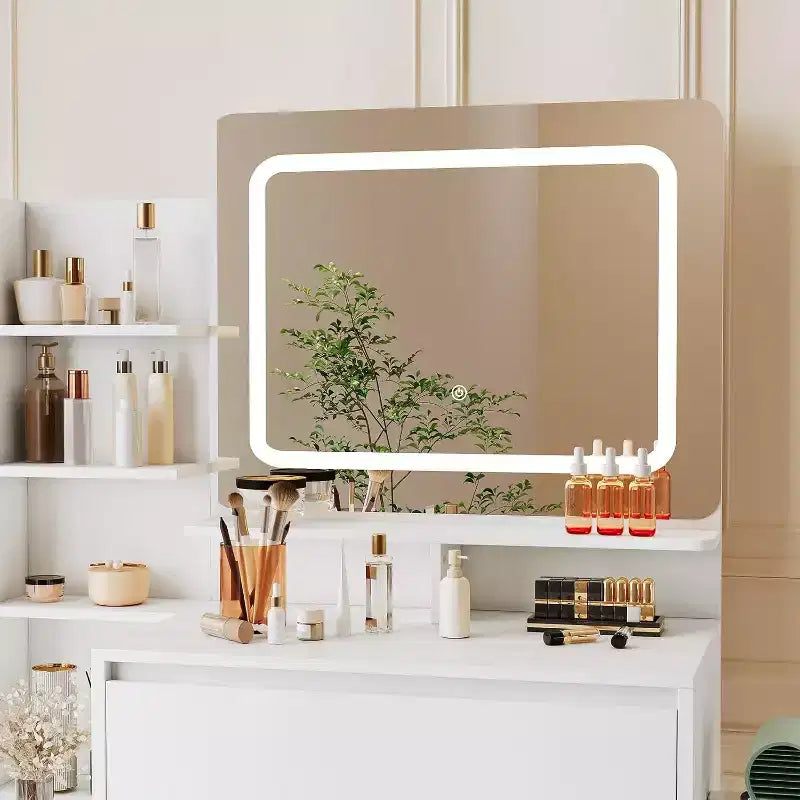 Coiffeuse moderne avec miroir LED et éclairage réglable, table de maquillage de 91,4 cm avec 4 tiroirs, étagères de rangement, prise de courant, ports USB, pour chambre à coucher
