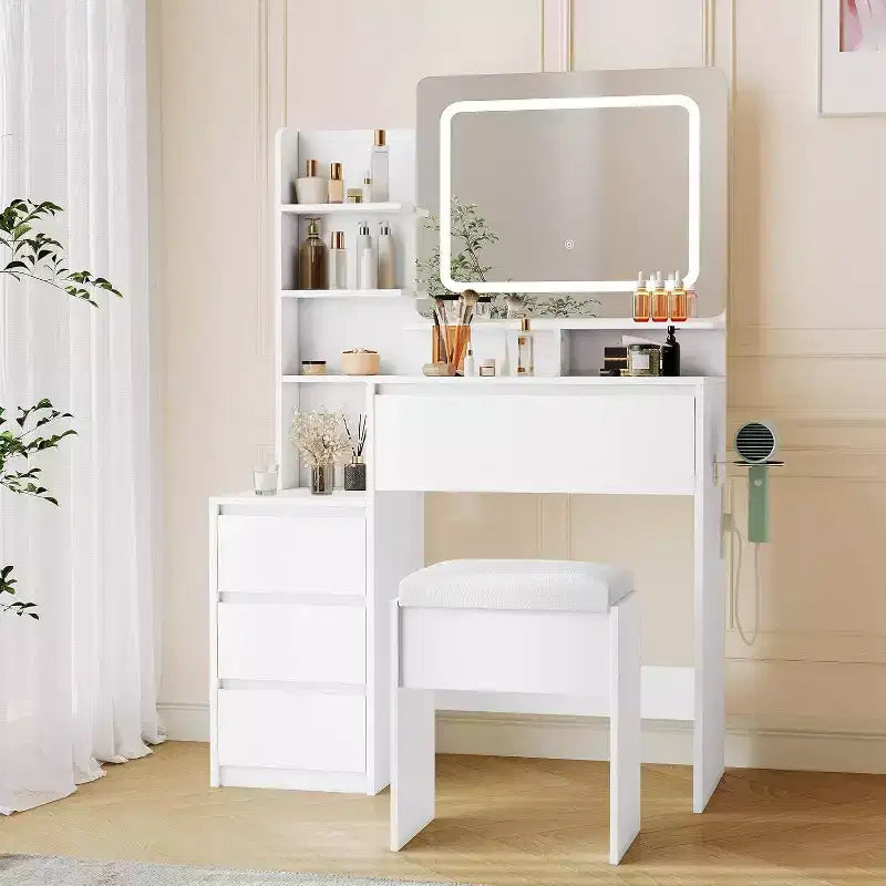 Coiffeuse moderne avec miroir LED et éclairage réglable, table de maquillage de 91,4 cm avec 4 tiroirs, étagères de rangement, prise de courant, ports USB, pour chambre à coucher