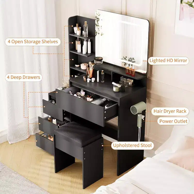 Coiffeuse moderne avec miroir LED et éclairage réglable, table de maquillage de 91,4 cm avec 4 tiroirs, étagères de rangement, prise de courant, ports USB, pour chambre à coucher
