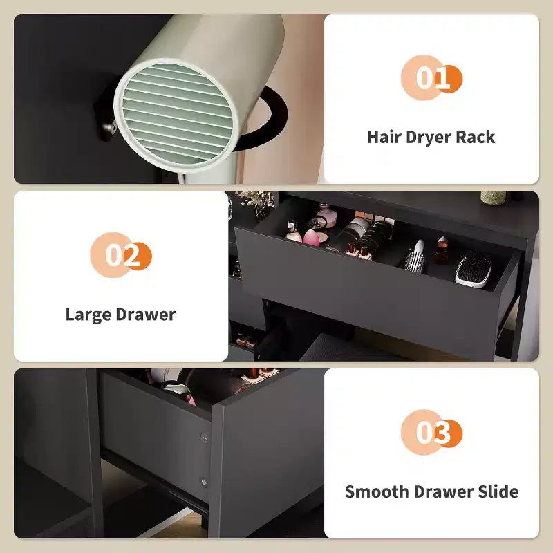 Coiffeuse moderne avec miroir LED et éclairage réglable, table de maquillage de 91,4 cm avec 4 tiroirs, étagères de rangement, prise de courant, ports USB, pour chambre à coucher