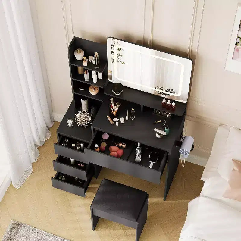 Coiffeuse moderne avec miroir LED et éclairage réglable, table de maquillage de 91,4 cm avec 4 tiroirs, étagères de rangement, prise de courant, ports USB, pour chambre à coucher