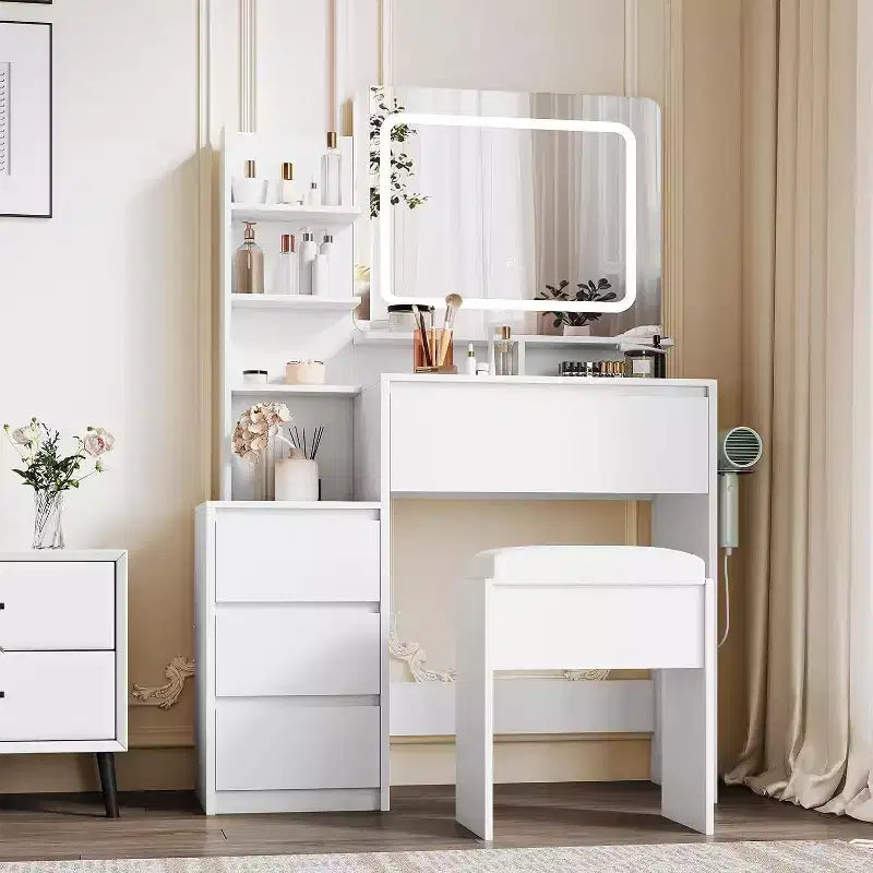 Coiffeuse moderne avec miroir LED et éclairage réglable, table de maquillage de 91,4 cm avec 4 tiroirs, étagères de rangement, prise de courant, ports USB, pour chambre à coucher