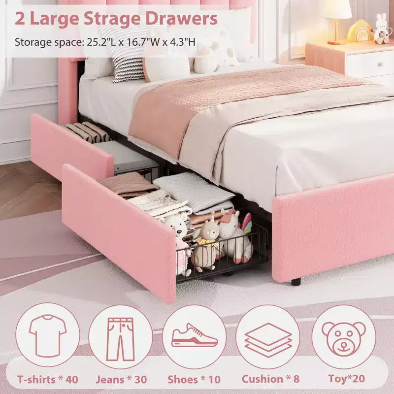 Cadre de lit plateforme rembourré avec rangement, tête de lit et tiroirs, lattes en bois robustes, cadre en métal silencieux, très résistant, facile à assembler.