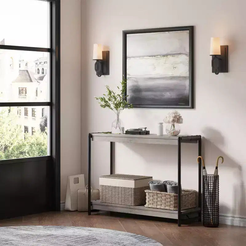 Console de ferme 40 po avec 2 tablettes, table de canapé et d'entrée à lattes grises