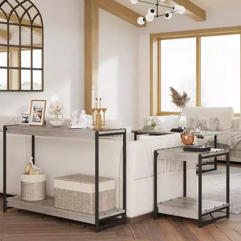 Console de ferme 40 po avec 2 tablettes, table de canapé et d'entrée à lattes grises