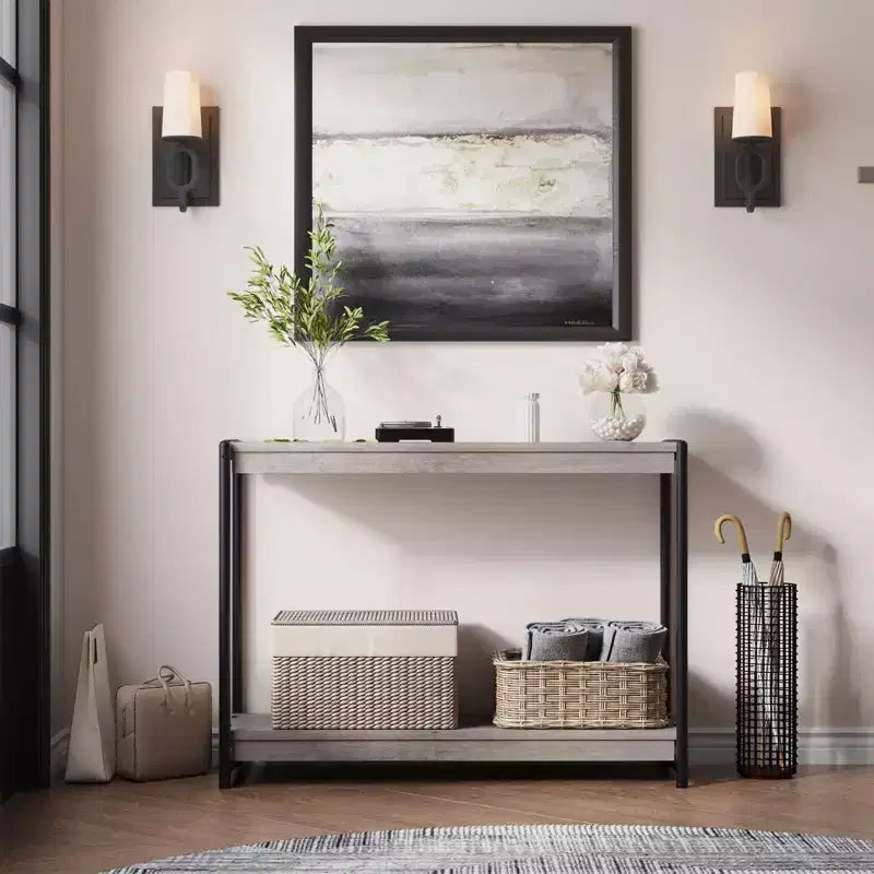 Console de ferme 40 po avec 2 tablettes, table de canapé et d'entrée à lattes grises