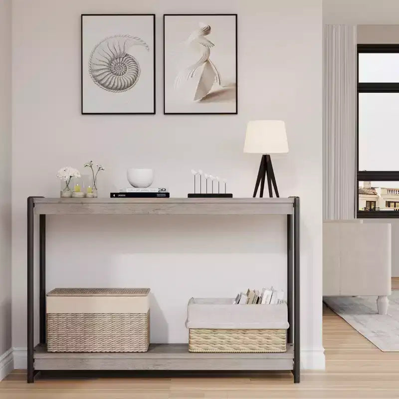 Console de ferme 40 po avec 2 tablettes, table de canapé et d'entrée à lattes grises