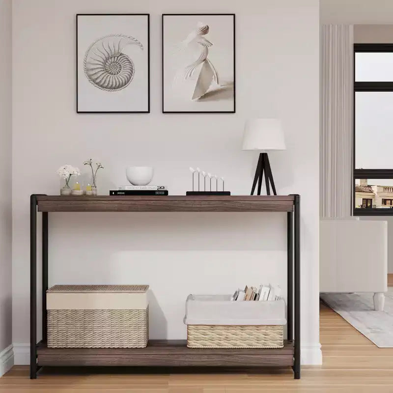 Console de ferme 40 po avec 2 tablettes, table de canapé et d'entrée à lattes grises