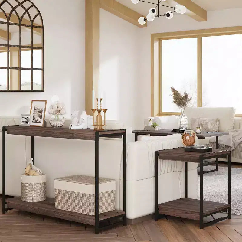 Console de ferme 40 po avec 2 tablettes, table de canapé et d'entrée à lattes grises
