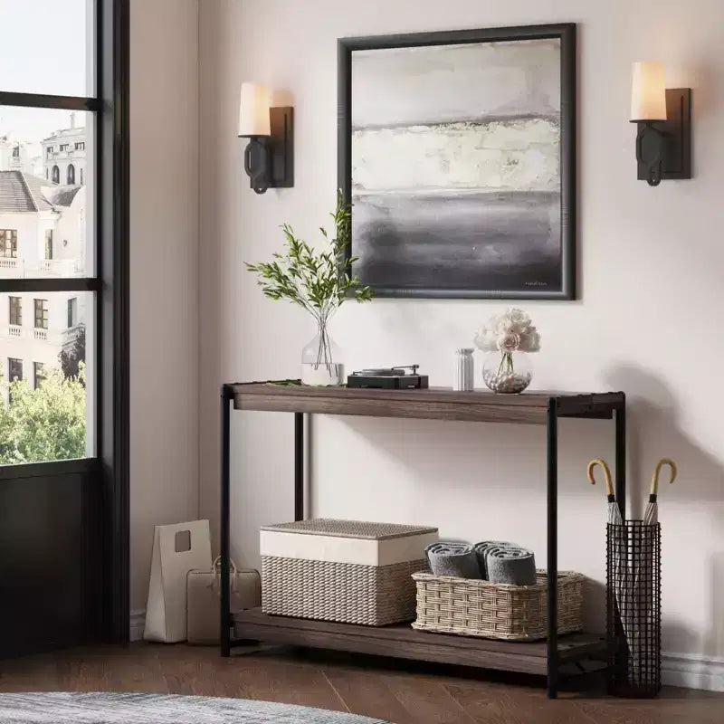 Console de ferme 40 po avec 2 tablettes, table de canapé et d'entrée à lattes grises