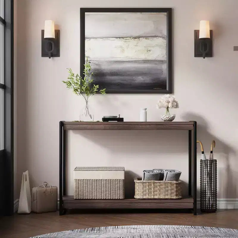 Console de ferme 40 po avec 2 tablettes, table de canapé et d'entrée à lattes grises