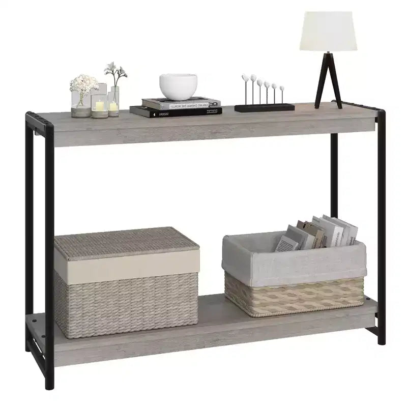 Console de ferme 40 po avec 2 tablettes, table de canapé et d'entrée à lattes grises