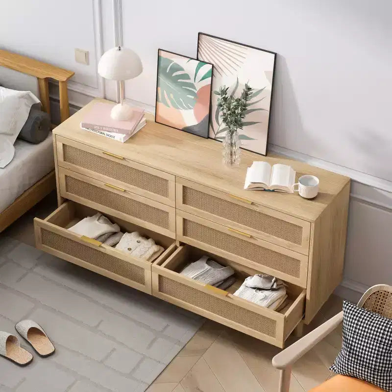 Meuble de rangement 6 tiroirs en rotin de 150 cm de long avec glissières de tiroir blanches, adapté aux chambres à coucher, espace de rangement inclus, couleur naturelle