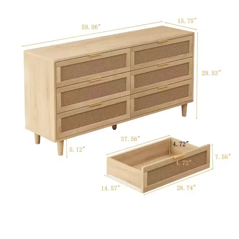 Meuble de rangement 6 tiroirs en rotin de 150 cm de long avec glissières de tiroir blanches, adapté aux chambres à coucher, espace de rangement inclus, couleur naturelle