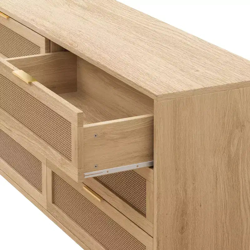 Meuble de rangement 6 tiroirs en rotin de 150 cm de long avec glissières de tiroir blanches, adapté aux chambres à coucher, espace de rangement inclus, couleur naturelle