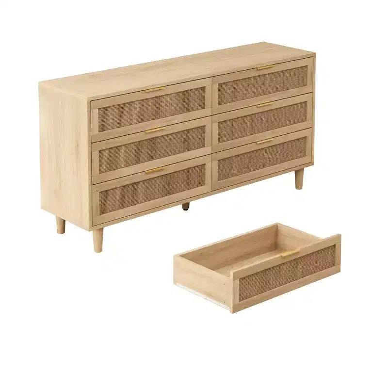 Meuble de rangement 6 tiroirs en rotin de 150 cm de long avec glissières de tiroir blanches, adapté aux chambres à coucher, espace de rangement inclus, couleur naturelle