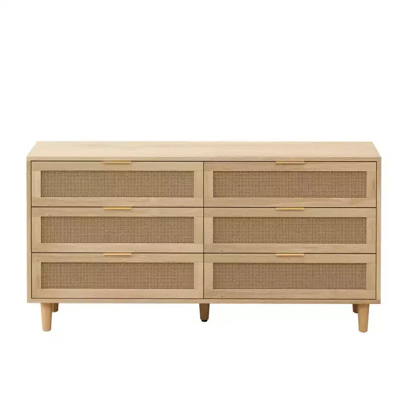 Meuble de rangement 6 tiroirs en rotin de 150 cm de long avec glissières de tiroir blanches, adapté aux chambres à coucher, espace de rangement inclus, couleur naturelle