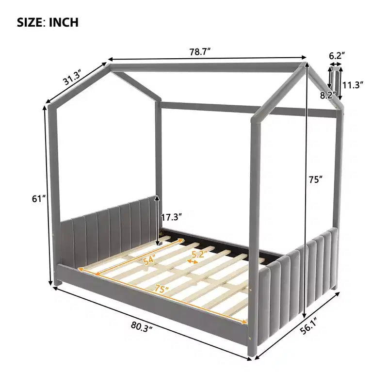 Lit en velours pour chambre d'enfant, gris