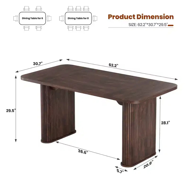 Table de salle à manger pour 6-8 personnes - Grande table de cuisine moderne de 62 pouces avec plateau large et pieds de piédestal robustes, table à dîner rectangulaire