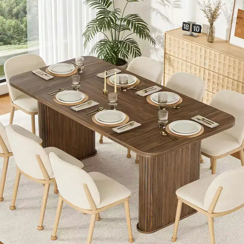Table de salle à manger pour 6-8 personnes - Grande table de cuisine moderne de 62 pouces avec plateau large et pieds de piédestal robustes, table à dîner rectangulaire