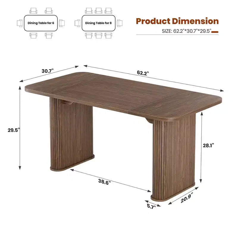 Table de salle à manger pour 6-8 personnes - Grande table de cuisine moderne de 62 pouces avec plateau large et pieds de piédestal robustes, table à dîner rectangulaire