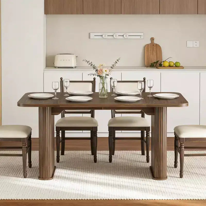 Table de salle à manger pour 6-8 personnes - Grande table de cuisine moderne de 62 pouces avec plateau large et pieds de piédestal robustes, table à dîner rectangulaire