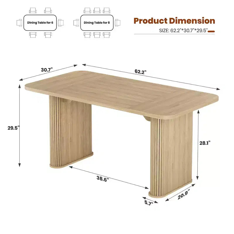 Table de salle à manger pour 6-8 personnes - Grande table de cuisine moderne de 62 pouces avec plateau large et pieds de piédestal robustes, table à dîner rectangulaire