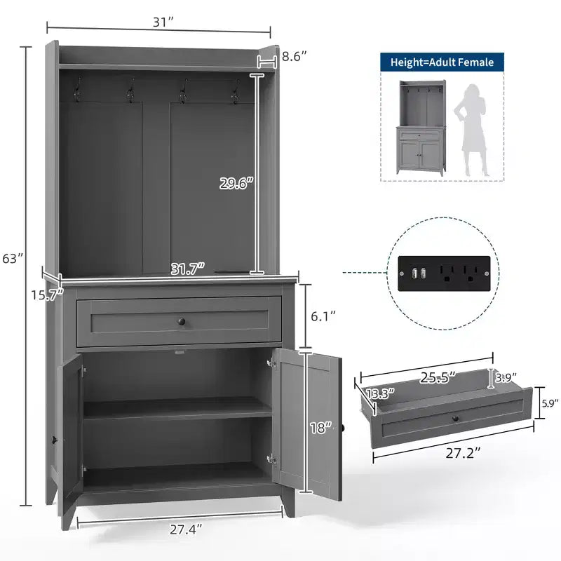 Meuble de rangement de 160 cm avec 4 crochets, 1 grand tiroir, étagères réglables pour salon, salle à manger