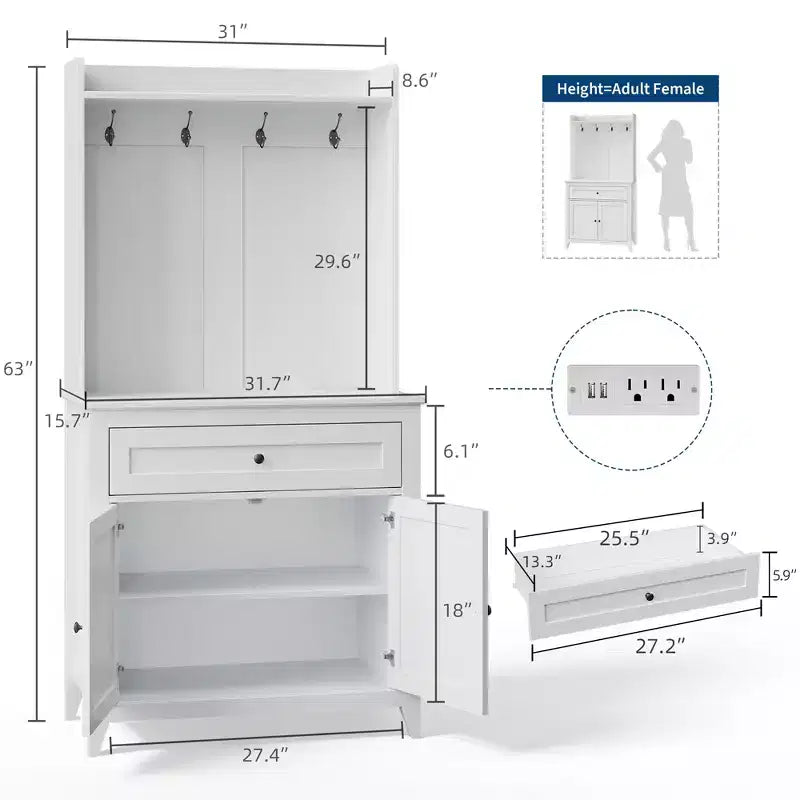 Meuble de rangement de 160 cm avec 4 crochets, 1 grand tiroir, étagères réglables pour salon, salle à manger