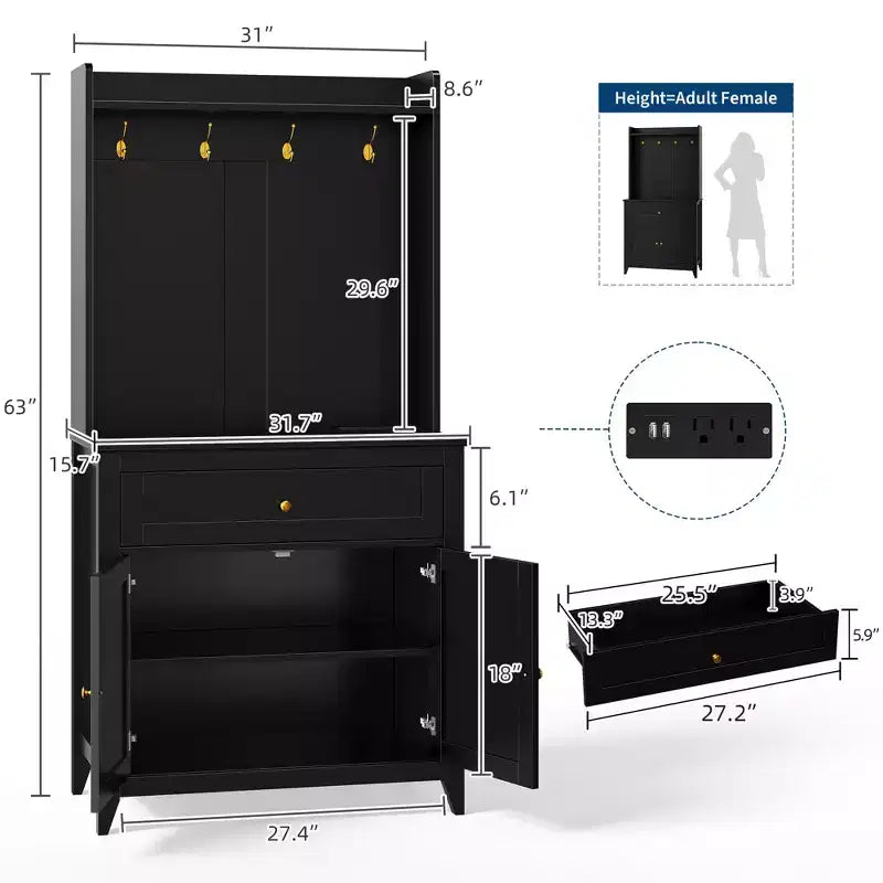 Meuble de rangement de 160 cm avec 4 crochets, 1 grand tiroir, étagères réglables pour salon, salle à manger