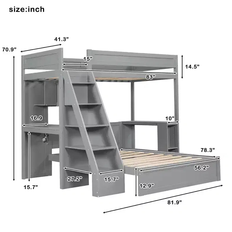 Lit superposé Twin XL sur Full avec bureau et USB