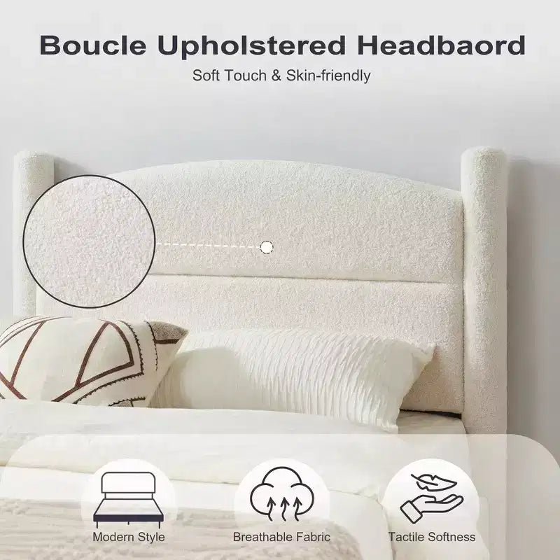 Cadre de lit King Size, Cadre de lit en tissu bouclette avec tête de lit, Cadre de lit plateforme rembourré doux avec coins arrondis, Aucun sommier tapissier requis, Montage facile